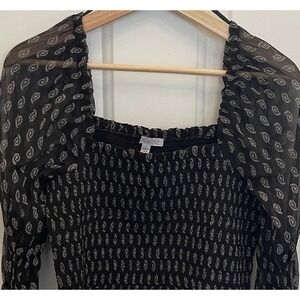 Patrons of Peace Womens L Cropped Black Paisley‎ Smocked Sheer Puff Long Sleeve